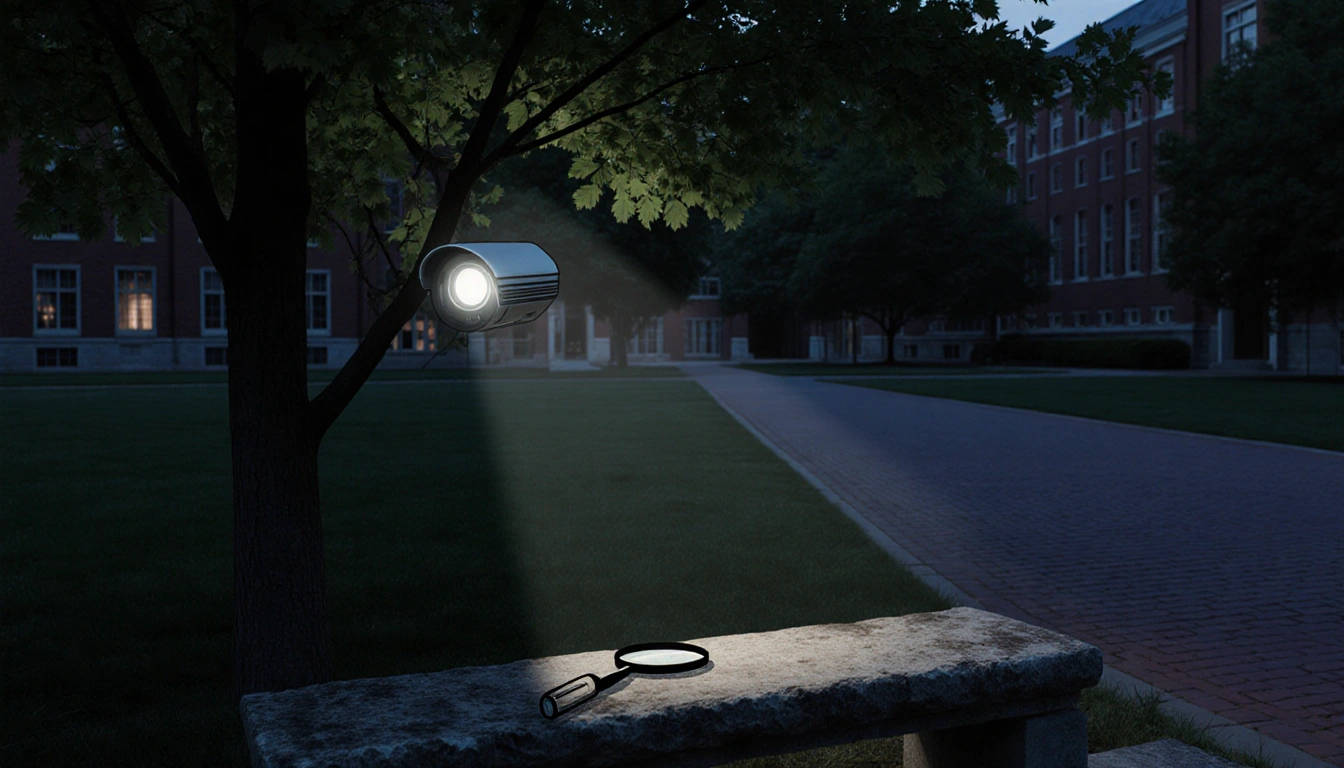 Camera lens casting glow on leaves with tree branch over a dusk Brown quad and a magnifying glass on a stone bench