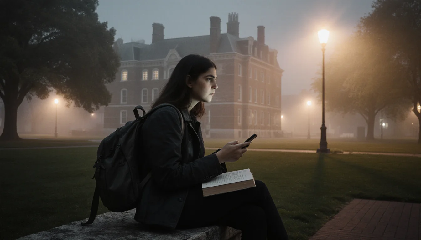 College student sits on stone bench with backpack and book and looks up at phone against foggy Brown University campus
