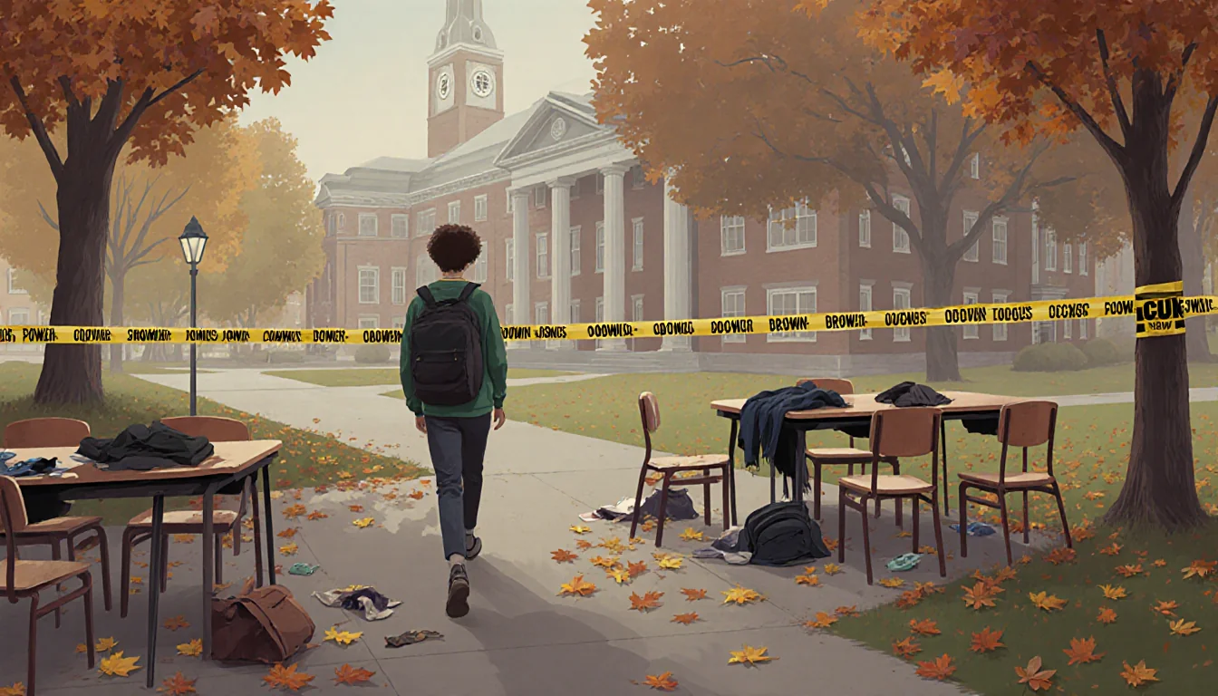 Student walking away from police tape with empty chairs and scattered belongings near autumn leaves on Brown campus.