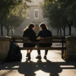 Two students sit on worn bench Brown University with backpacks against stone wall and one hand on other