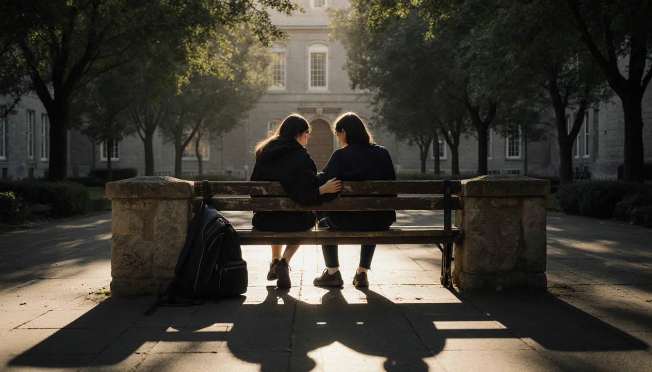 Two students sit on worn bench Brown University with backpacks against stone wall and one hand on other