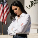 Bruna Ferreira press secretary bowing with arms crossed outside courthouse with faint flag in background