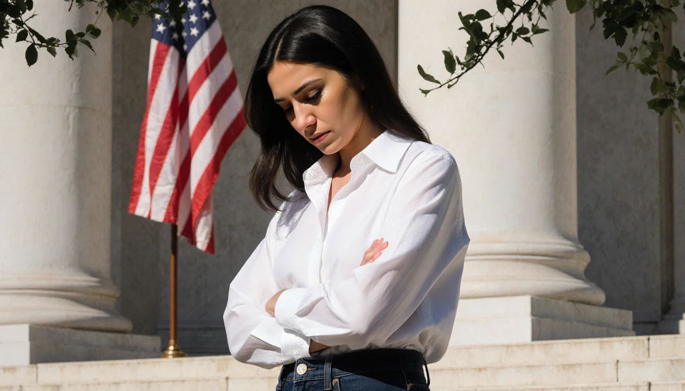 Bruna Ferreira press secretary bowing with arms crossed outside courthouse with faint flag in background