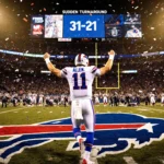 Josh Allen triumphantly raising arms with confetti falling over Bills logo field and scoreboard reads 31-21