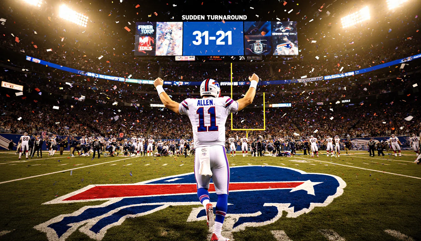 Josh Allen triumphantly raising arms with confetti falling over Bills logo field and scoreboard reads 31-21