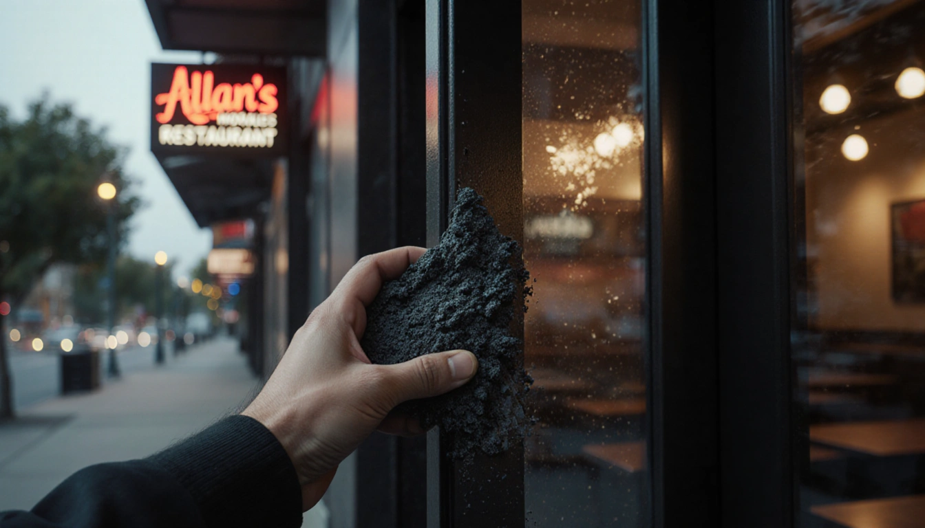 Burglar prying open restaurant door with asphalt and blurred motion and dynamic lighting showing logo