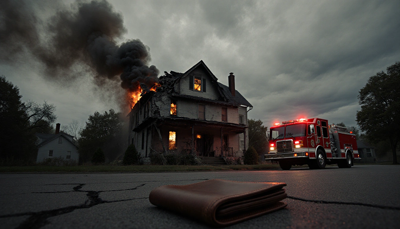 Fire truck flashing lights with a collapsed roof and a wallet on the cracked driveway.