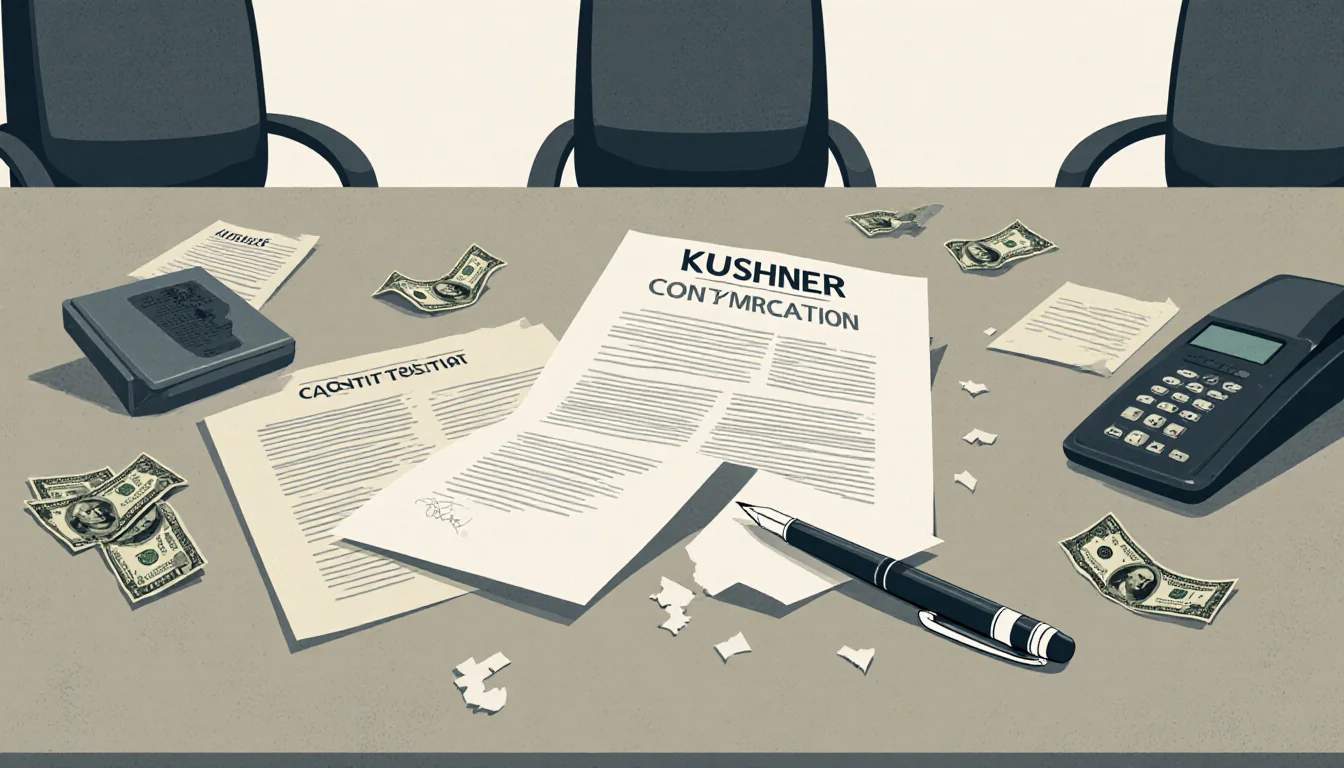 Dropped pen lies on table with torn contract and empty chair showing failed business deal.