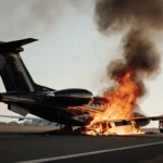 Business jet smolders on runway with tail engulfed in flames and fire engine with responders in background