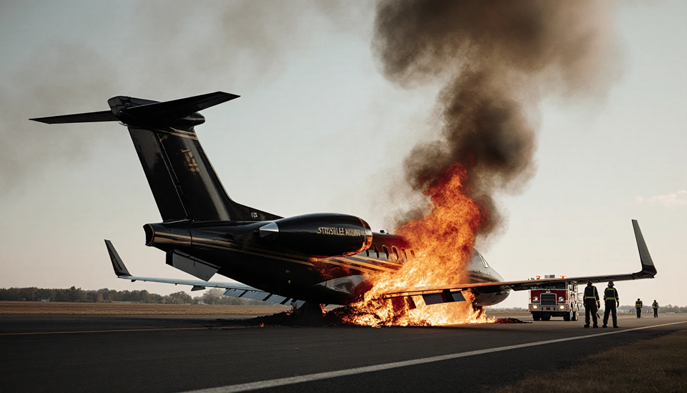 Business jet smolders on runway with tail engulfed in flames and fire engine with responders in background