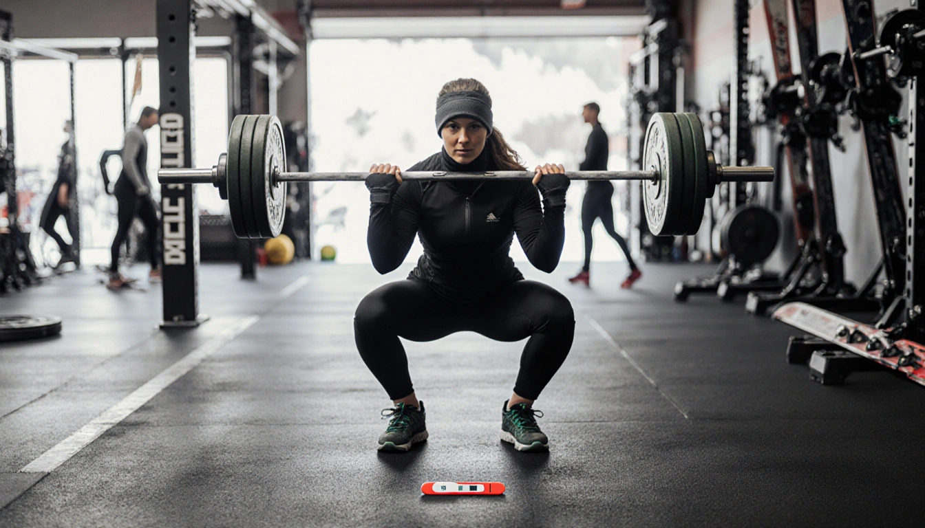 Caldwell squatting with a barbell with a pregnancy test on the floor and ski equipment nearby and blurred athletes