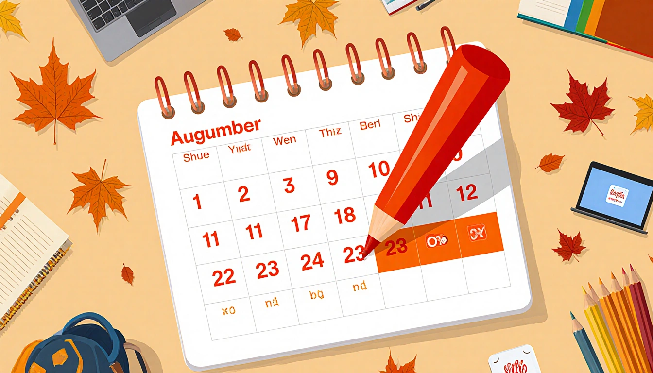 Calendar highlighting August October with orange marker and autumn leaves pencils laptops discount stickers