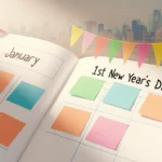 Planner page showing dates with sticky notes for holidays including New Year