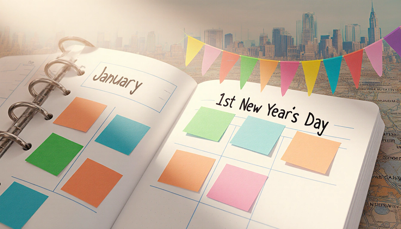 Planner page showing dates with sticky notes for holidays including New Year