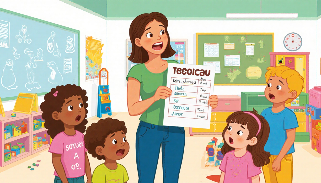 Cami Teacoach standing confidently with a chart in hand while children listen at a bright volunteer center