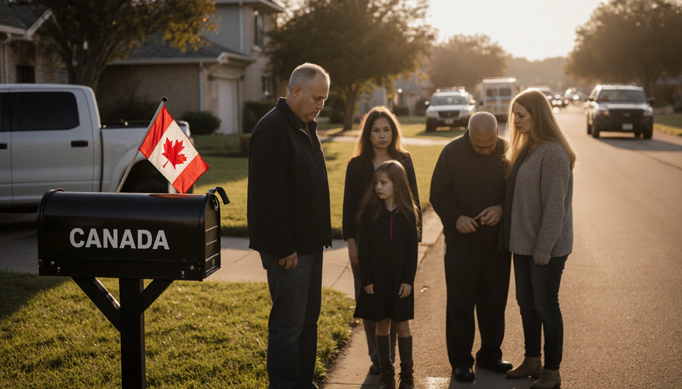 Family standing outside a suburban home with black mailbox bearing Canada flag and blurred I‑35 crash scene in background.