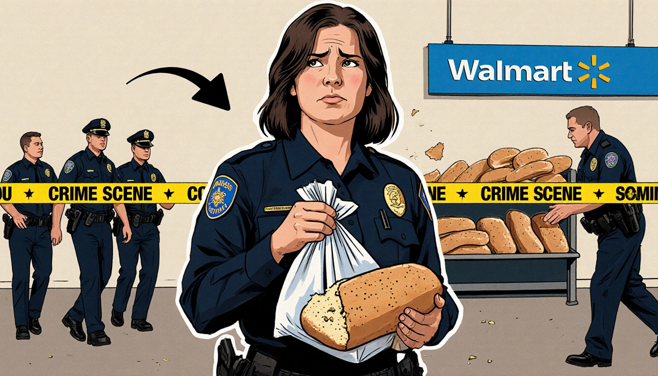 Lt. Candace Young holding a torn bag of bread with crumbs and crime scene tape near a Walmart store.