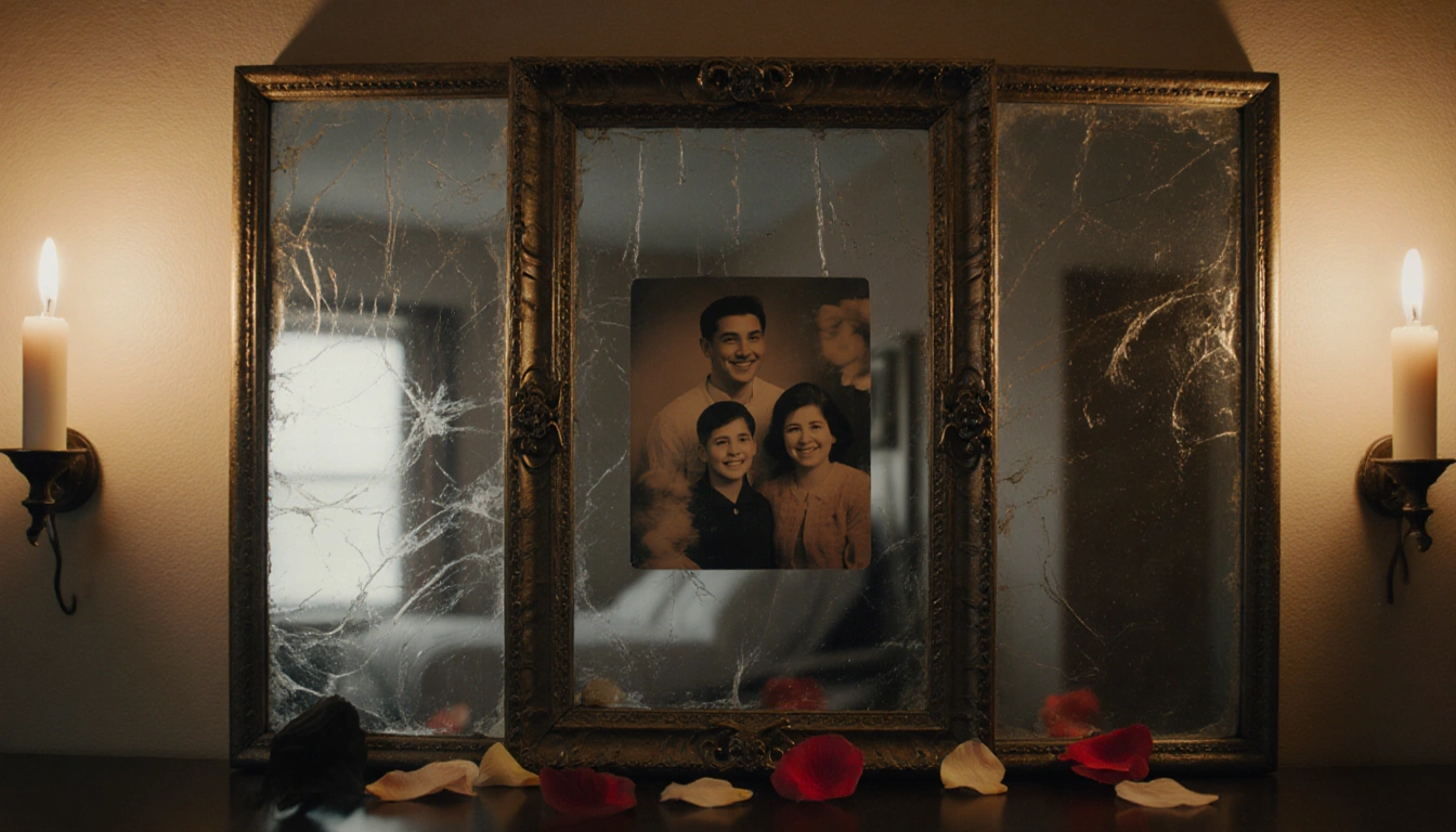 Family portrait frame hanging on dim wall with candlelight glow and scattered rose petals