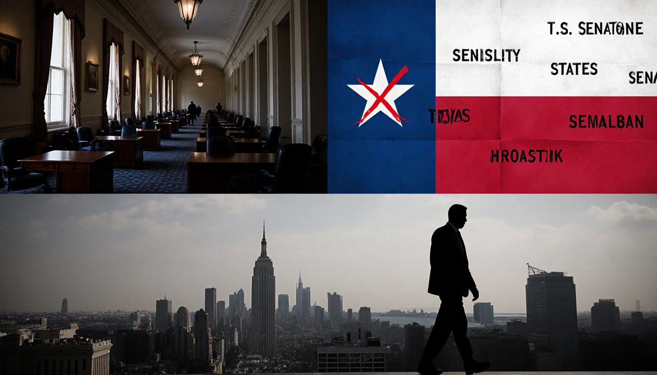 Capitol Hill hallway empties with empty offices and chairs X-marked Senator signs and silhouettes stepping away