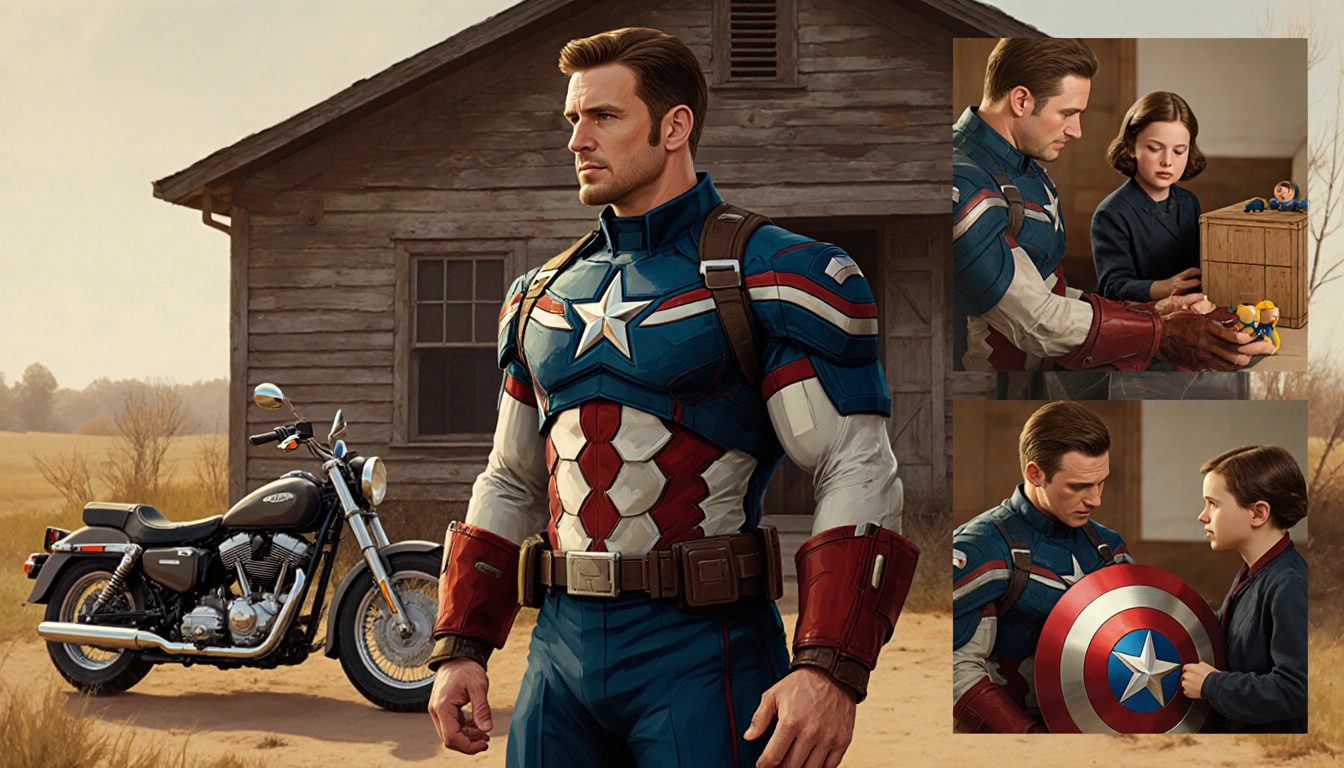 Steve Rogers standing by a rustic house with a motorcycle admiring his Captain America suit while opening an old crate