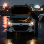 Mechanic repairing a Hyundai under hood with golden dusk light and wet city reflection