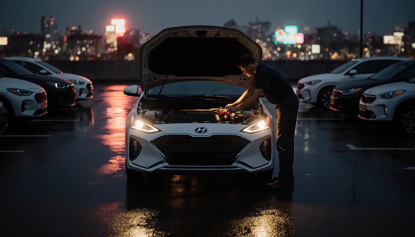 Mechanic repairing a Hyundai under hood with golden dusk light and wet city reflection