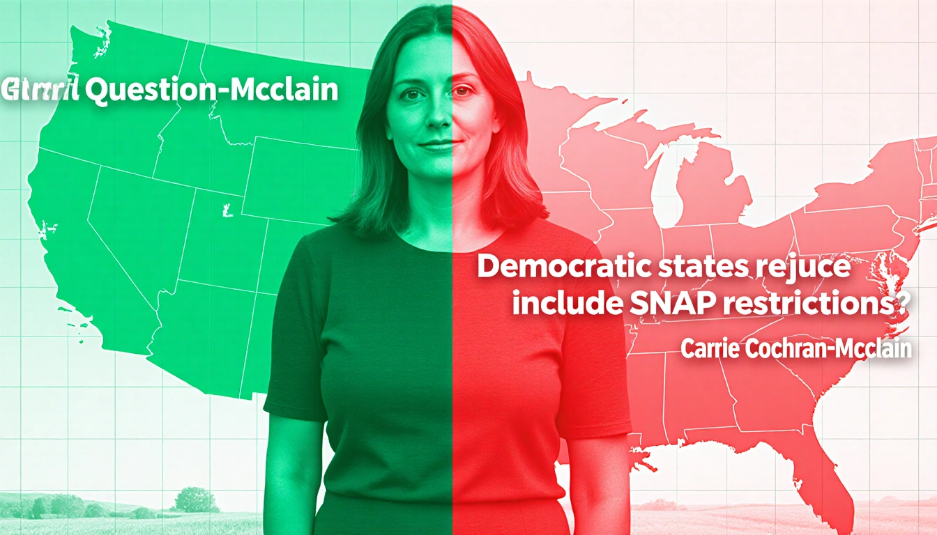 Carrie Cochran-McClain stands before US map with green and red states showing SNAP restrictions and rural health funding