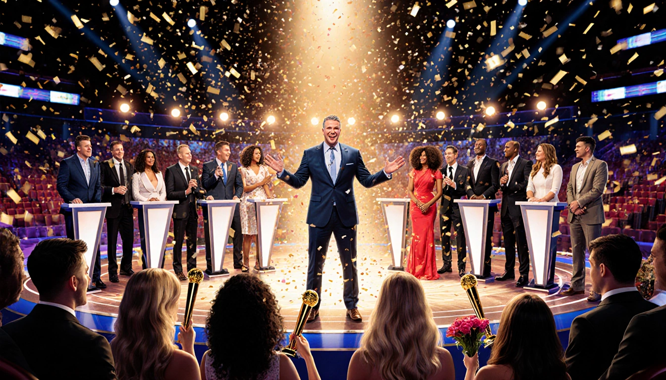 Carson Daly standing with flashing lights and confetti and past winners on stage.