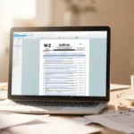 Laptop screen showing Cash App Taxes software with a simplified W-2 form open and a cup of coffee on a cluttered desk