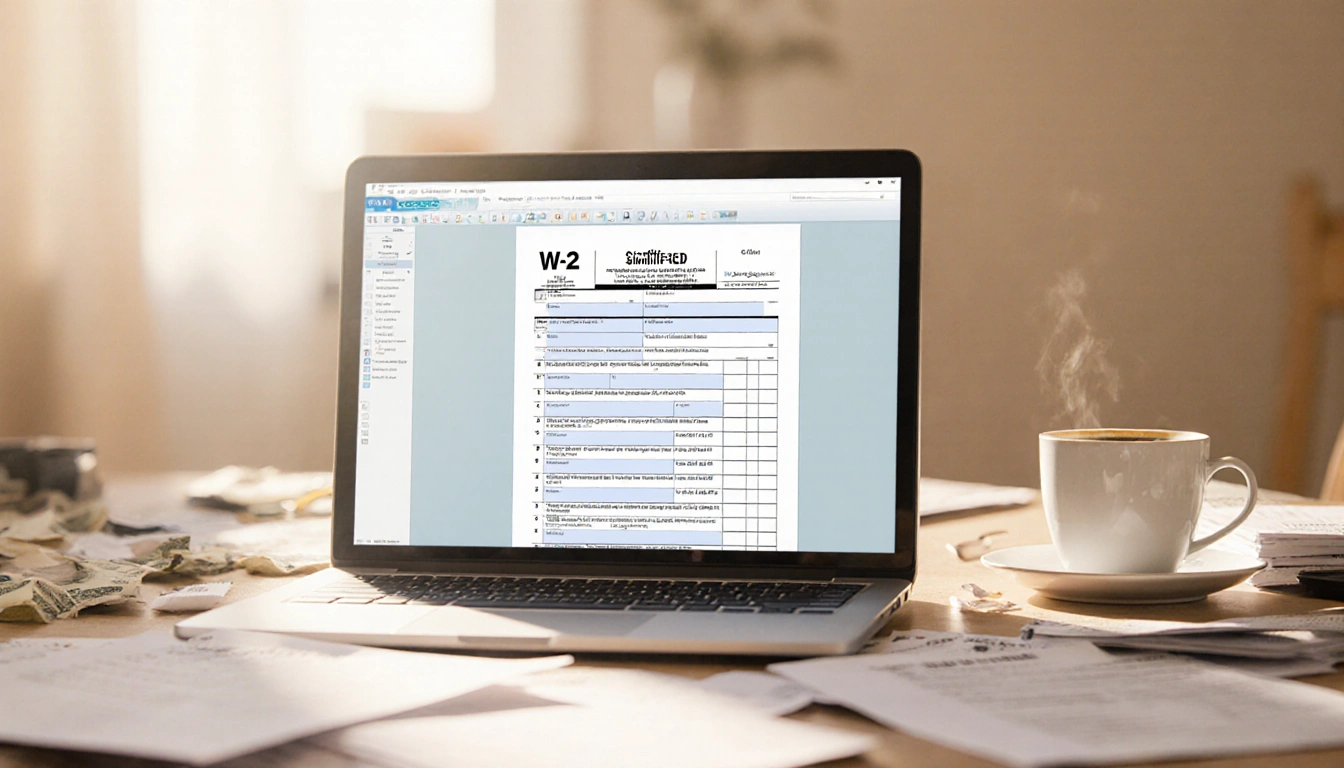 Laptop screen showing Cash App Taxes software with a simplified W-2 form open and a cup of coffee on a cluttered desk