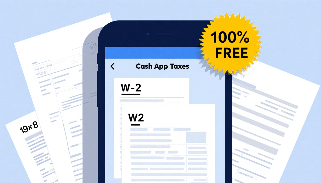 Smartphone screen showing Cash App tax filing interface with 100% Free badge and W-2 and 1099-B forms surrounded by tax docum
