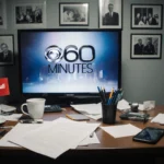 CBS 60 Minutes script lying open on a cluttered newsroom desk with a phone showing story pulled and coffee cups