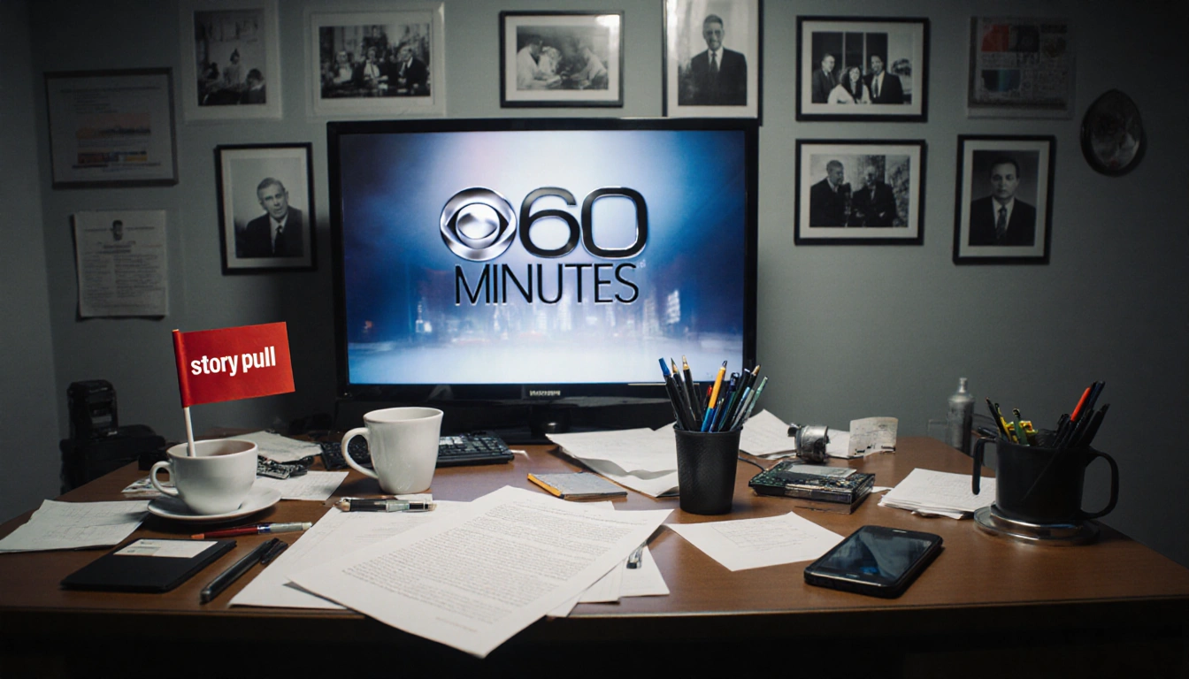 CBS 60 Minutes script lying open on a cluttered newsroom desk with a phone showing story pulled and coffee cups