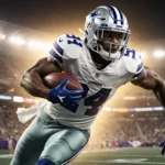 CeeDee Lamb cutting through a gap on the gridiron with Dallas Cowboys jersey and golden AT&T Stadium lights behind him