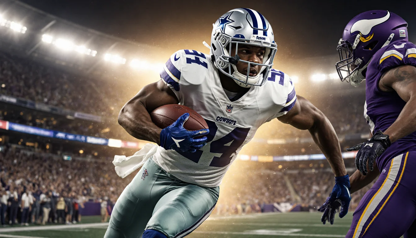 CeeDee Lamb cutting through a gap on the gridiron with Dallas Cowboys jersey and golden AT&T Stadium lights behind him