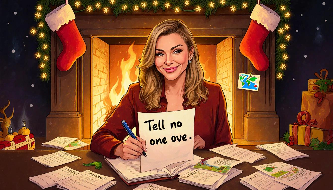 Celine Dion sits by a fireplace holding a pen with a sly grin and funny diary pages scattered near Whoville lights glowing.