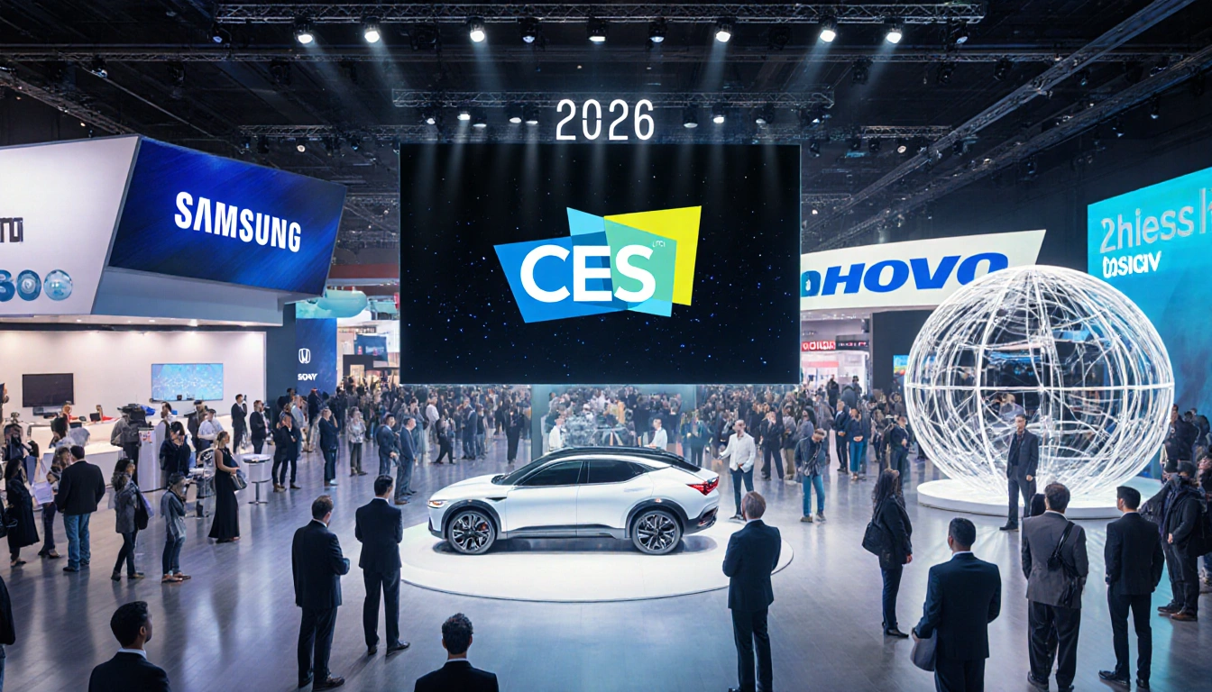 Exhibitors showcase new tech with Samsung booth and LED countdown at CES 2026
