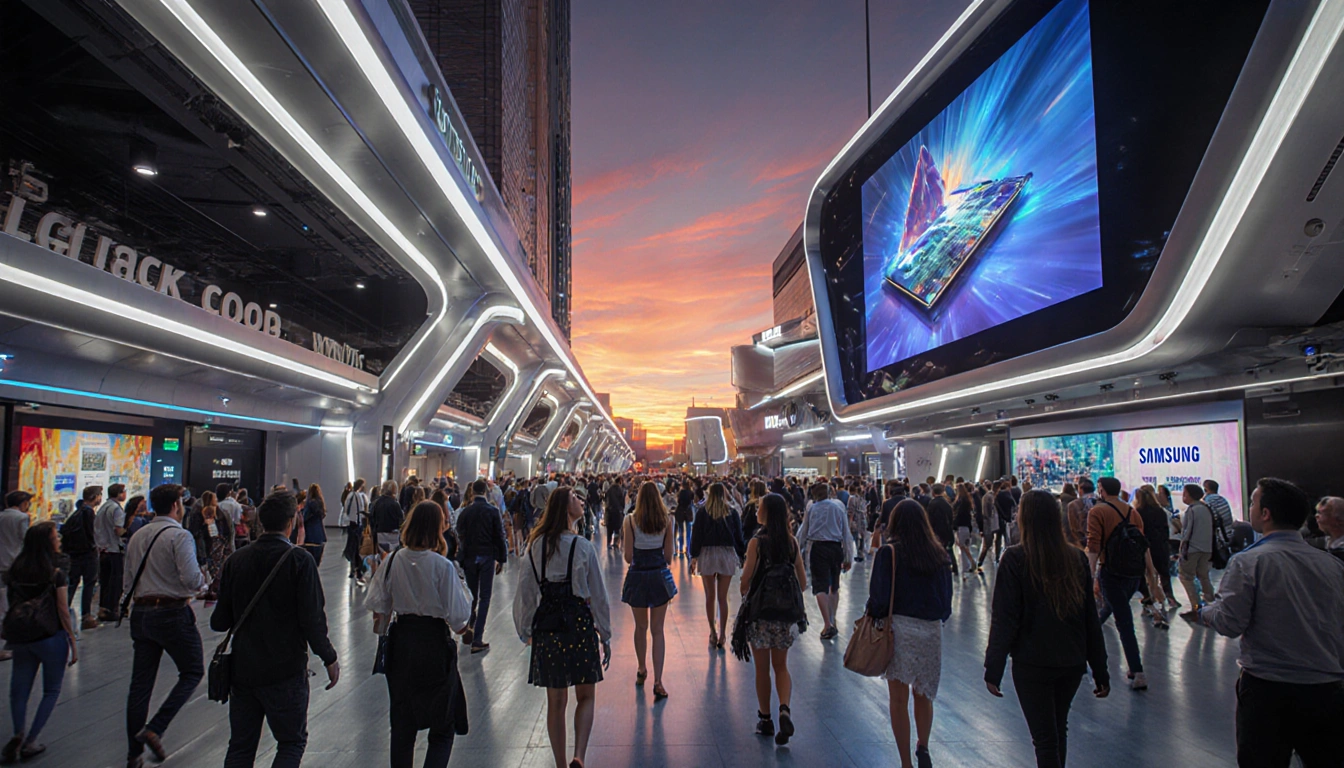 Attendees walking through neon-lit hallway with giant Samsung screen and futuristic booths at CES 2026.