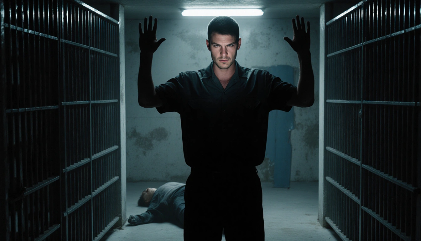 Chad Ollinger raising hands with harsh light and a motionless figure in a cold Las Vegas jail cell.