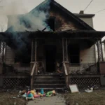 Charred family home smokes with billowing smoke from roof and broken porch with scattered toy and photo frame on sidewalk.