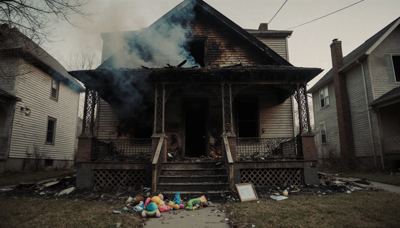 Charred family home smokes with billowing smoke from roof and broken porch with scattered toy and photo frame on sidewalk.