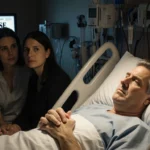 Chevy Chase lying in a hospital bed with wife and daughter by his side under warm lights hopeful for recovery.