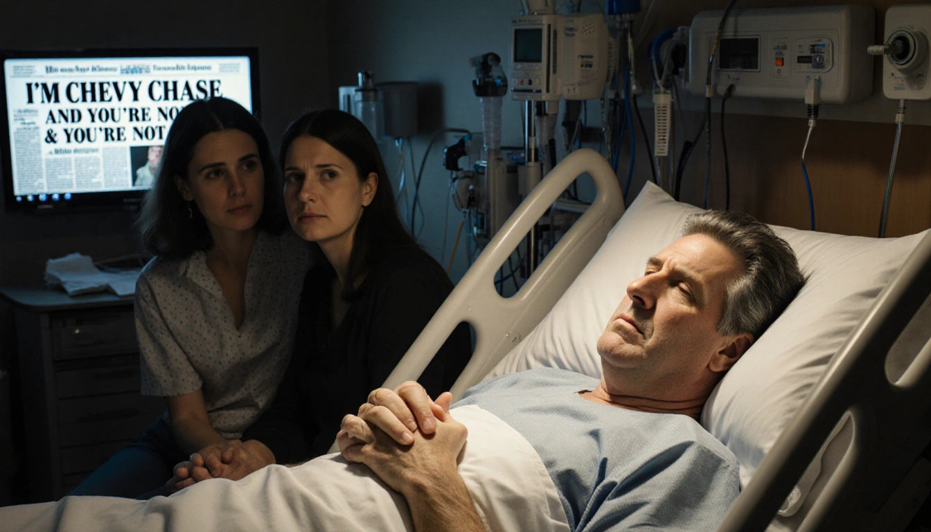 Chevy Chase lying in a hospital bed with wife and daughter by his side under warm lights hopeful for recovery.