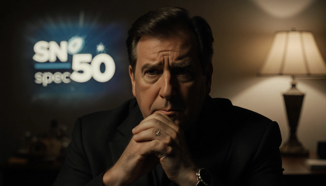 Chevy Chase looking disappointed with clasped hands dim lamp shadows a blurred SNL50 logo in background