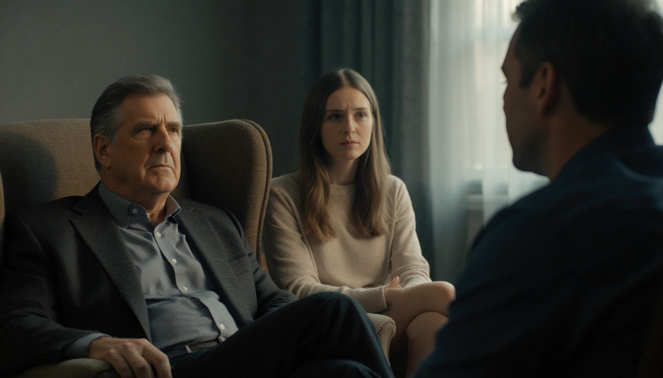 Chevy Chase listening to family about medical crisis with Caley and Peter Aaron in a dimly lit documentary interview