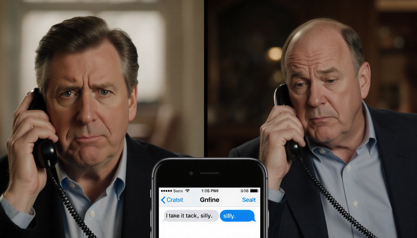 Chevy Chase and Lorne Michaels split-screen texting with blurred backgrounds and lighting Chevy shows text OK I take it back