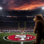 Staley Da Bear stands near the 50‑yard line with the Chicago Bears logo glowing on the field in a night stadium and fans.