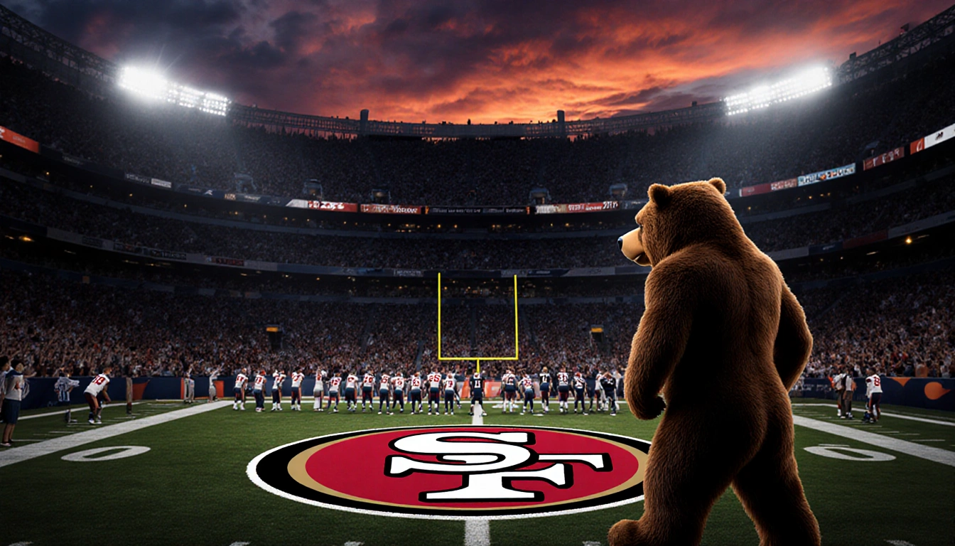 Staley Da Bear stands near the 50‑yard line with the Chicago Bears logo glowing on the field in a night stadium and fans.