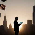 Silhouette of a man standing with a tablet showing a city map and a flag over a streetlight while Willis Tower looms behind