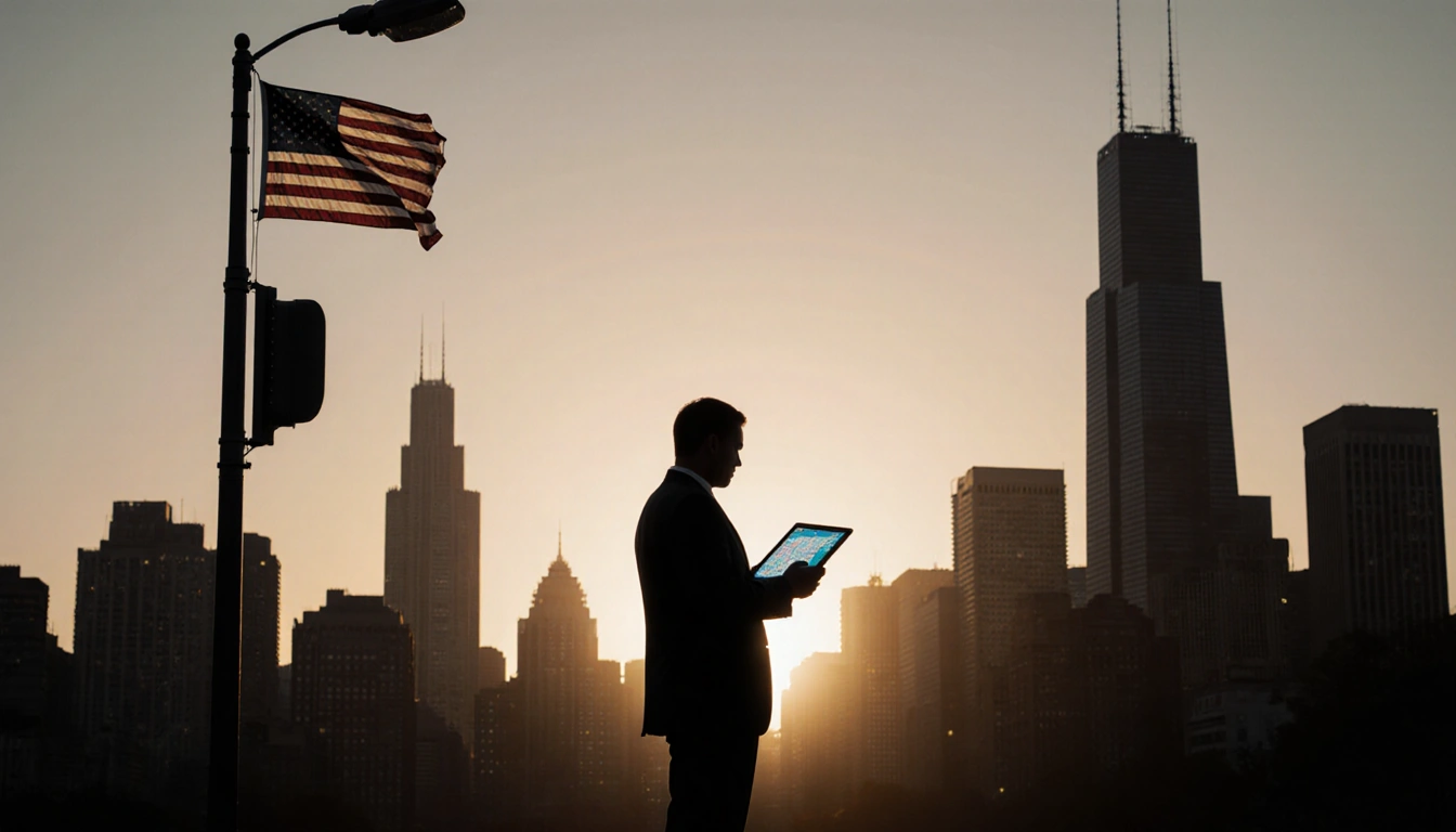 Silhouette of a man standing with a tablet showing a city map and a flag over a streetlight while Willis Tower looms behind